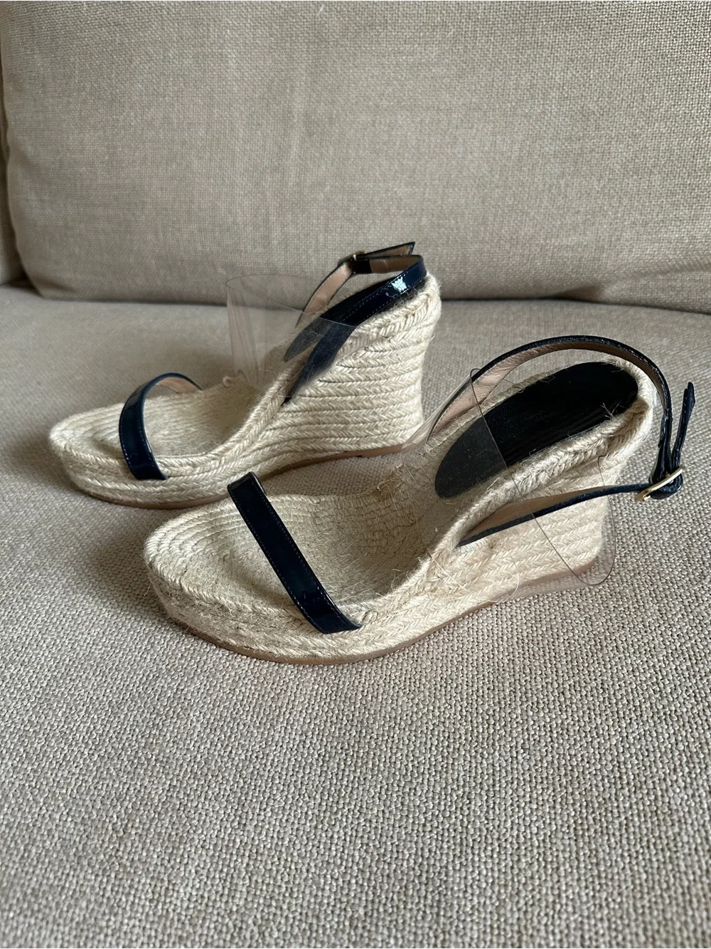 Bettye Muller Navy Patent Leather and Clear Espadrille Wedge Sandals